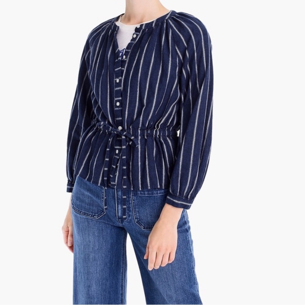 J Crew Tie-Waist Top In Indigo Gauze Stripe